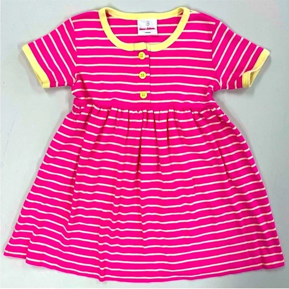 Hanna Andersson Dress Girls 4 100 cm Pink White Stripes Old Style Buttons Spring - Picture 1 of 3